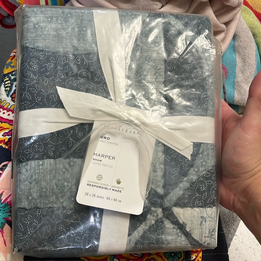 Pottery Barn Harper Blue Quilted Euro Pillow Sham new